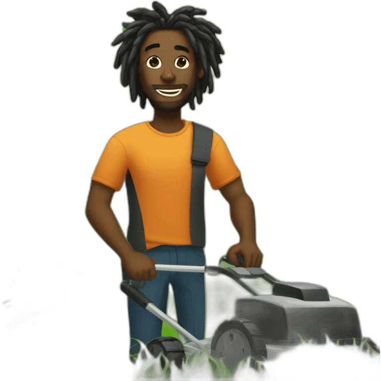 Dark Black man with dreads mowing grass in yard emoji