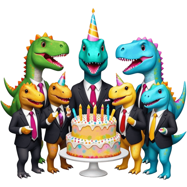 office dinosaurs in suits eating birthday cake emoji