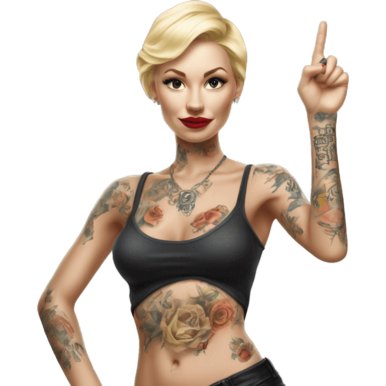 Blonde elegant women, her Body Covered with Tattoos, POINTING YOU FORWARD with her HAND with INDEX FINGER, Hyper realistic emoji