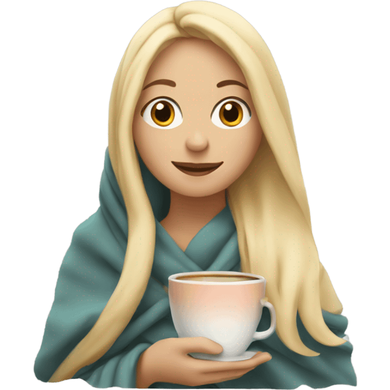 Blonde girl wrapped in blanket holding a cup of tea emoji