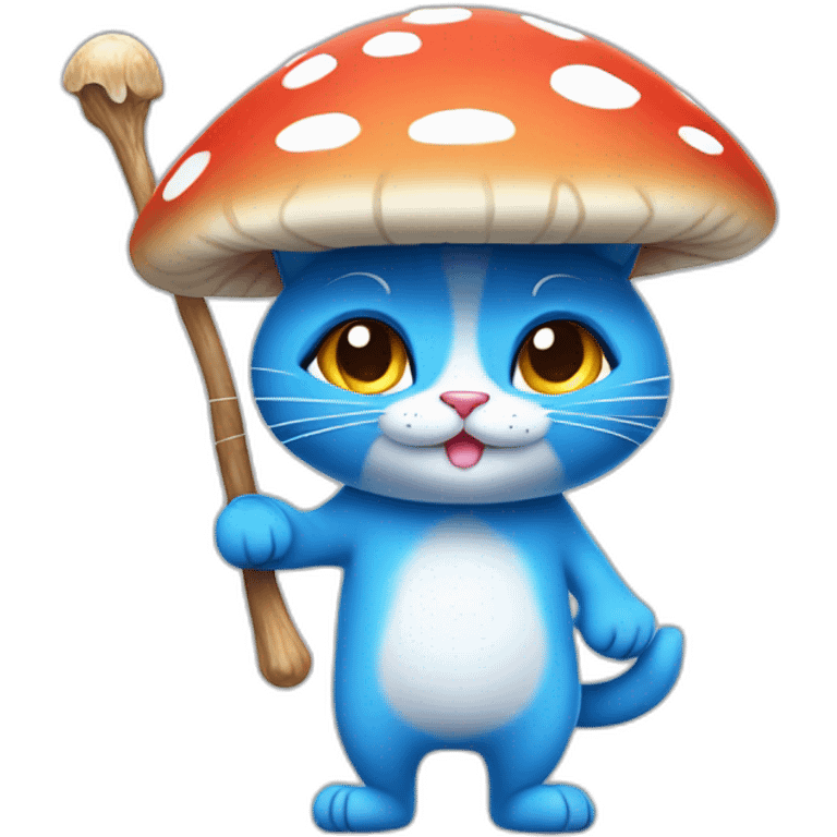  Cute Blue Cat NO ears wearing a mushroom cap carrying a stick in one arm standing on two legs emoji