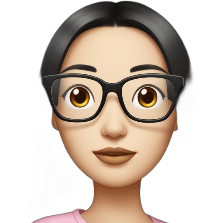 woman peach skin long black hair square glasses playing with cute robot companion emoji