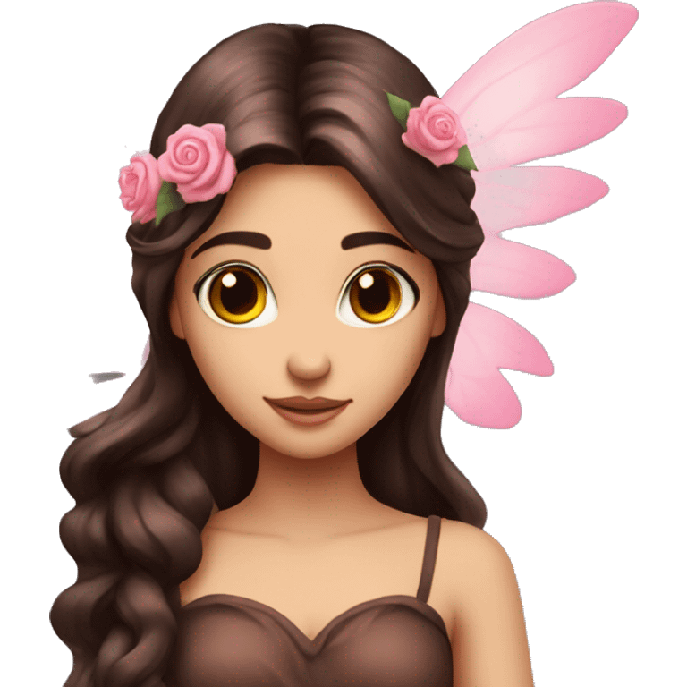 Beautiful, rose, fairy, pink, flowers in hair, long dark brown hair, big wings, fair skin emoji