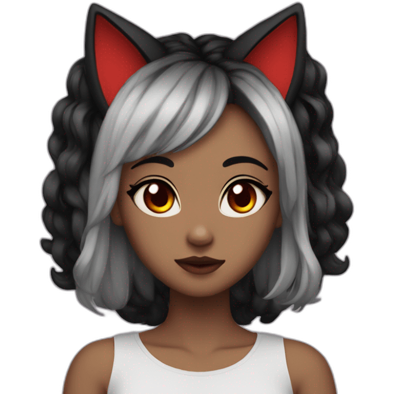 girl, cat ears, black hair, wavy hair, red eyes, black sclera emoji