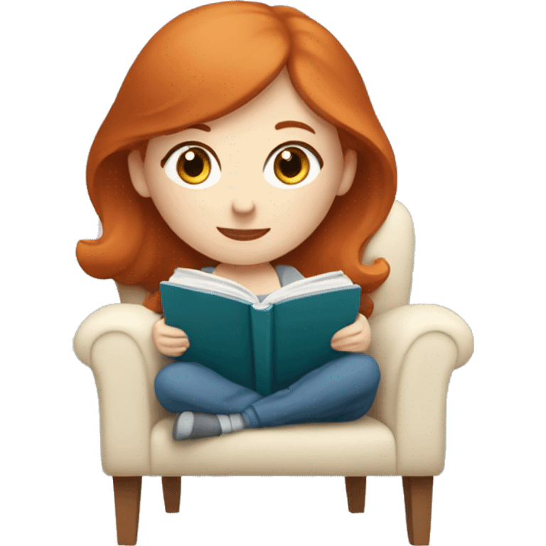 Redhead girl with pale skin and blue eyes sitting in chair with a blanket reading a book emoji