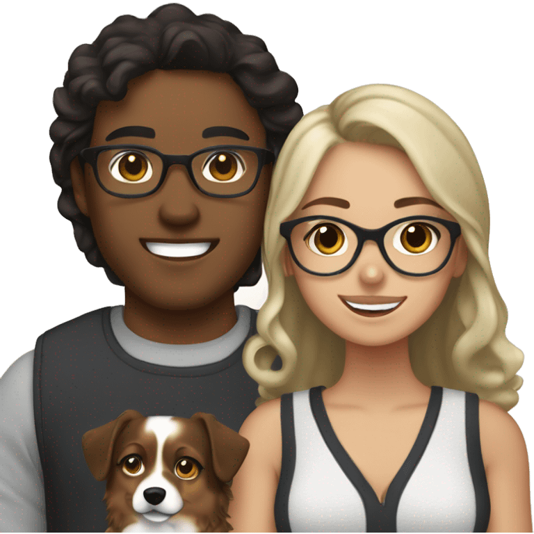 26 year old brunette with blonde highlights wearing glasses with her husband with dark brown hair and their Australian shepherd  emoji