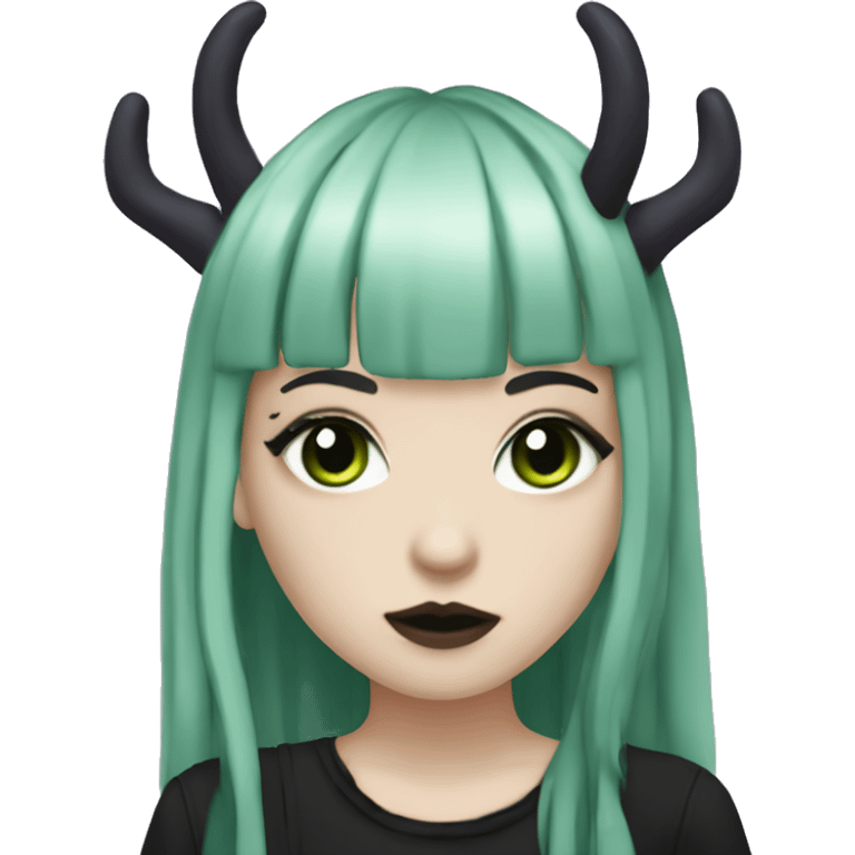 gothic girl, pale skin, green eyes, hair as a dreads, deep dark purple hair, bangs, black clothes, eyeliner, upper lip mole, antlers  emoji