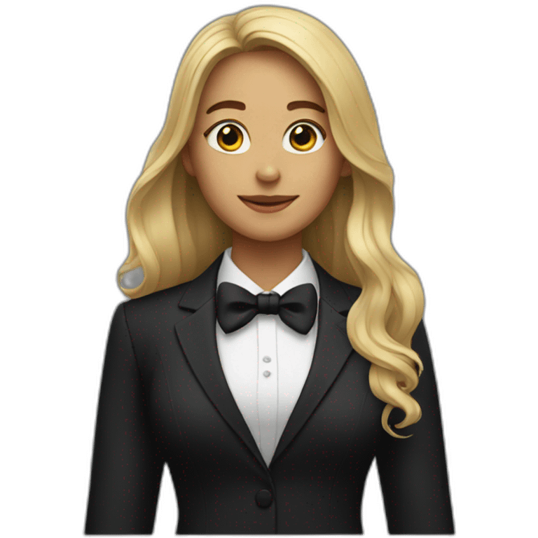 Woman with long hair wearing black suit with a black bow tie emoji