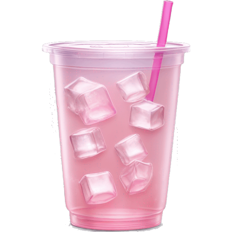 Realistic see through plastic cup and lid with half full Transluscent light pink soda,straw and large ice cubes inside. emoji