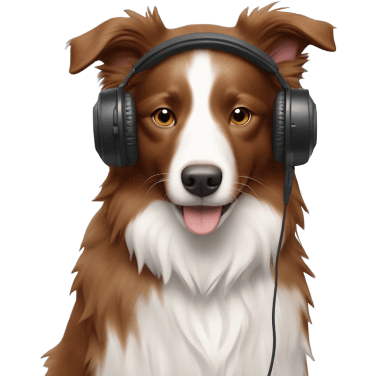 dog that looks like a reddish brown border collie with medium hair with headphones working from home includes a stick outfit emoji