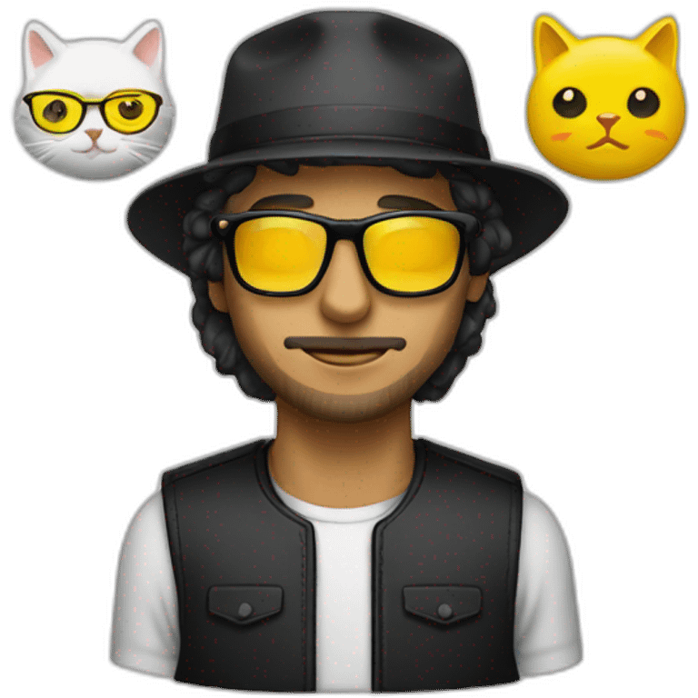 hombre blanco con gafas y gorra con dos gatos negro y amarillo emoji