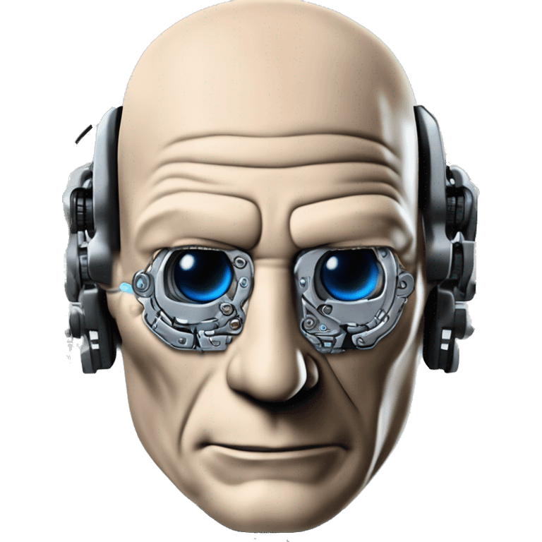 Jean luc picard from Star Trek assimilated by the Borg, with mechanical metal covering the left side of his face, with wires and a red light on the left side. Both his eyes are unobstructed and are human blue eyes. emoji