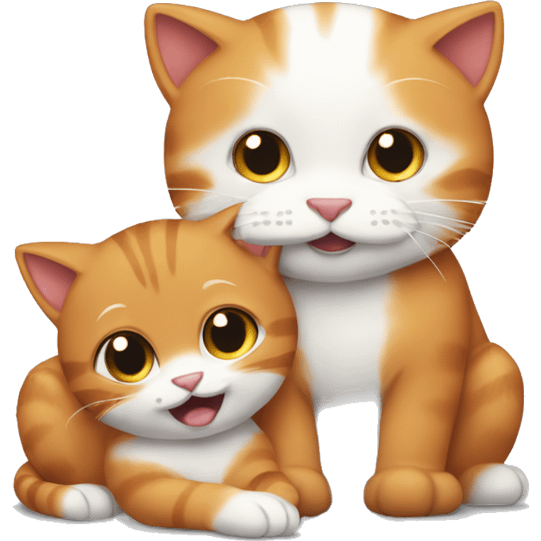 A big red cat playing with a small white-gray kitty emoji