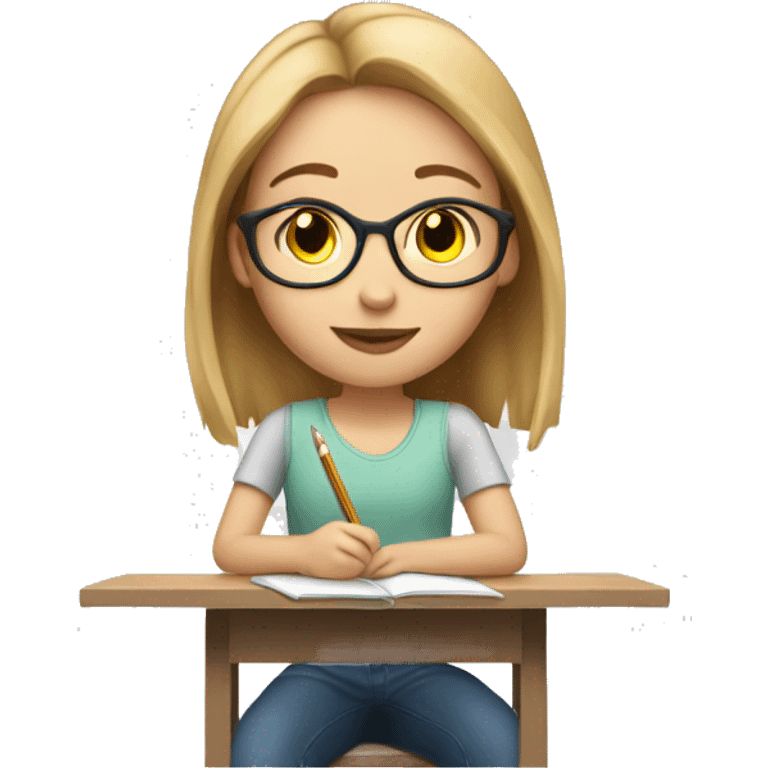 My white sister with light brown hair is doing her homework  emoji