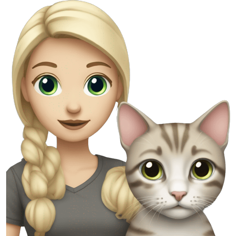 Blonde girl with blue eyes holding a gray tabby cat emoji