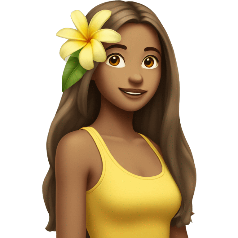 pretty girl with long brown hair in summer with a frangipani flower in her hair above her ear wearing a yellow tank top you can see emoji