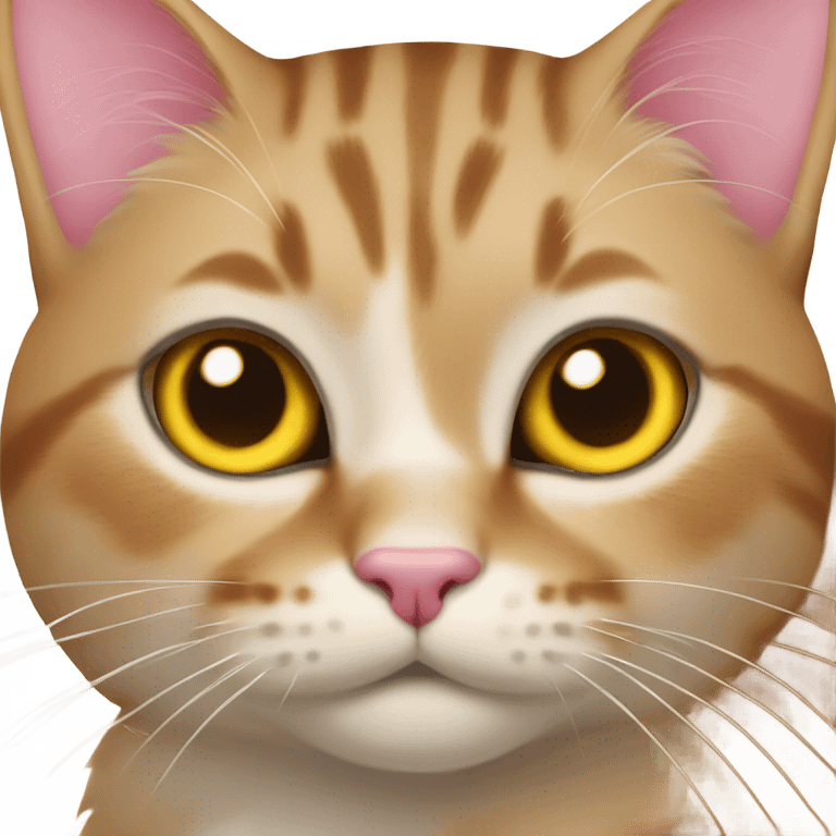 Cat with yellow nose black whiskers and a pink brown on her left ear emoji