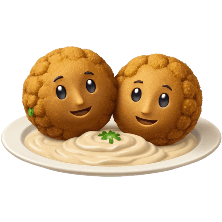 Cinematic Realistic Falafel Dish Emoji, depicted as crispy, golden falafel balls served with tahini sauce rendered with lifelike textures and vibrant, appetizing lighting. emoji