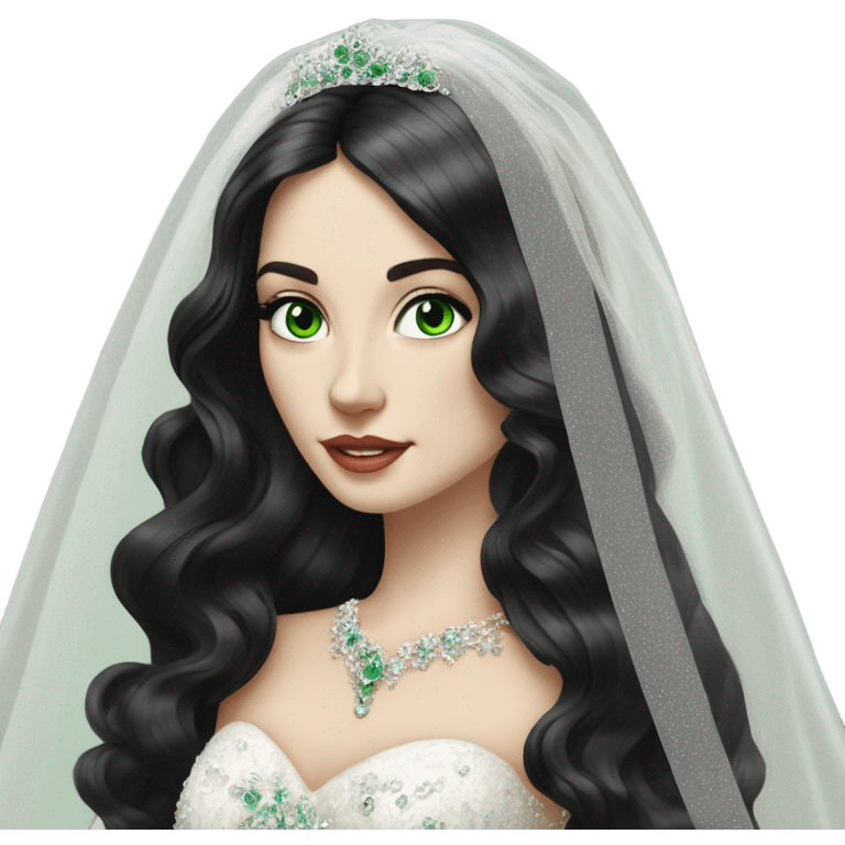 Hyper Realistic ornate ballgown long sleeve Wedding dress with diamanté on Russian bride with pale skin and green eyes and long black hair with veil hyper realistic  emoji