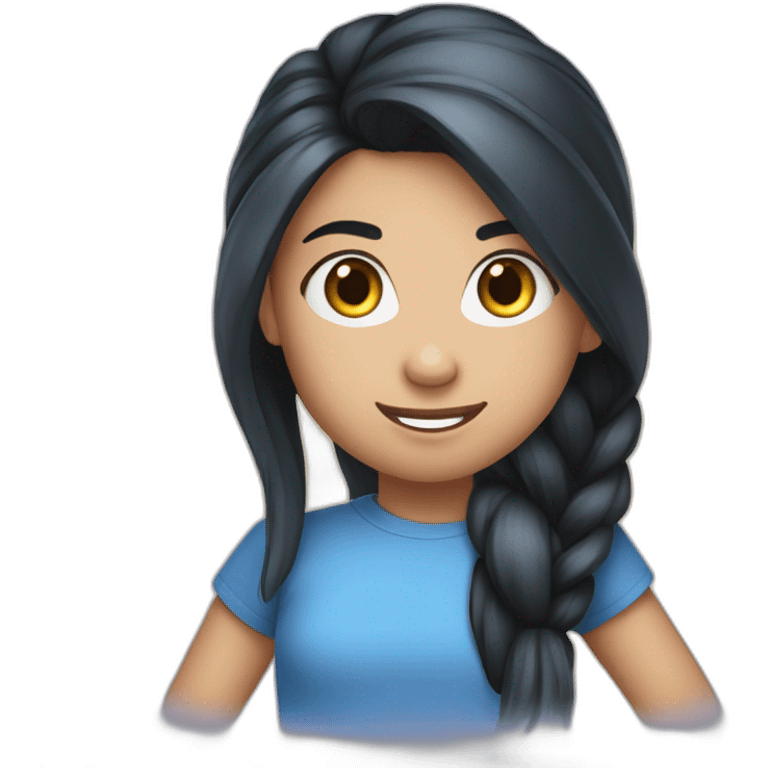 A 11 years old girl with long black hair tied back into a pony tail wearing a blue t shirt  emoji