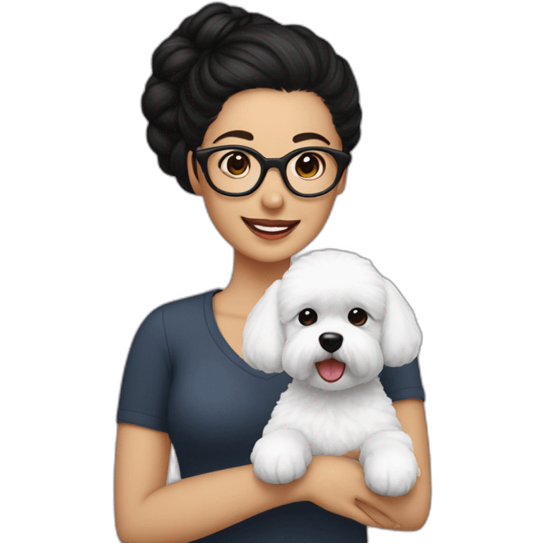 woman-black hair-bun-with glasses-with bichon dog-white-smile emoji