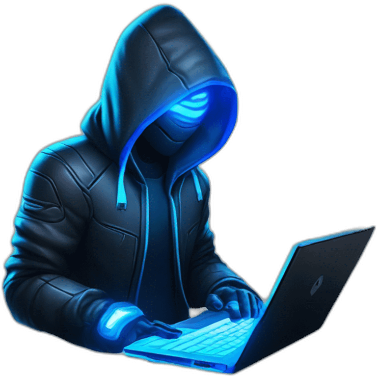 developer behind his laptop with this style : Crytek Crysis Video game neon glowing bright blue character blue black hooded hacker themed character emoji