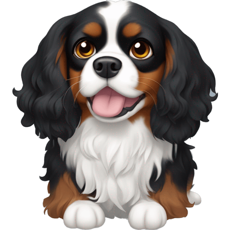 A small Cavalier King Charles Spaniel mix with black, wavy fur, white markings on the chest and muzzle, expressive eyes, and a fluffy tail. emoji