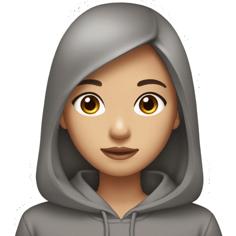 asian girl, brown eyes with mascara, dark brown hair with light highlights at the bottom, hair down, gray hoodie. emoji