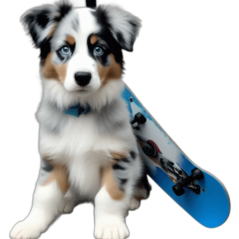 a 5 month old puppy, miniature American shepherd breed, blue merle color, with blue eyes, with a snowboard emoji