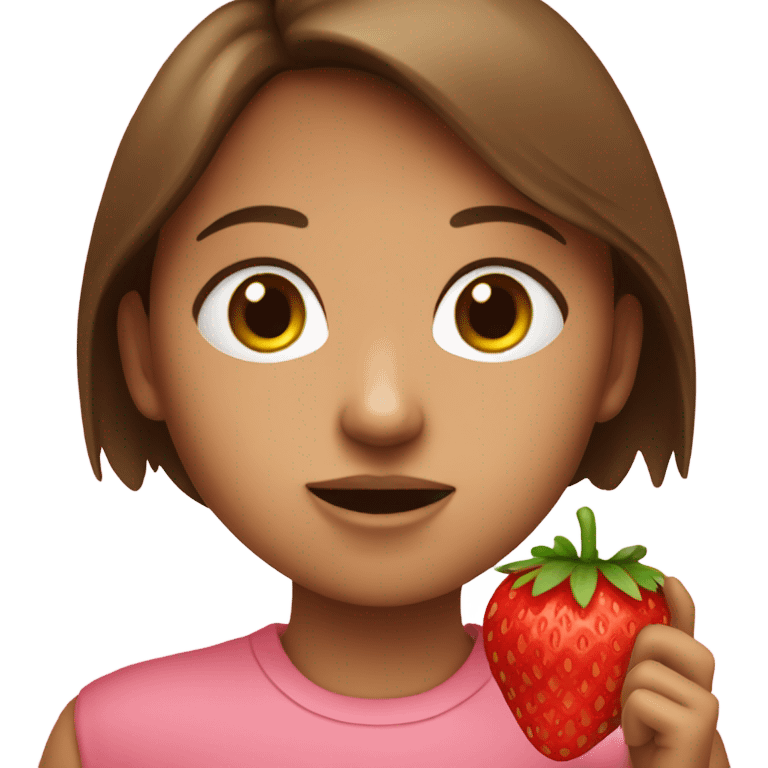 A girl with brown hair eating a strawberry  emoji