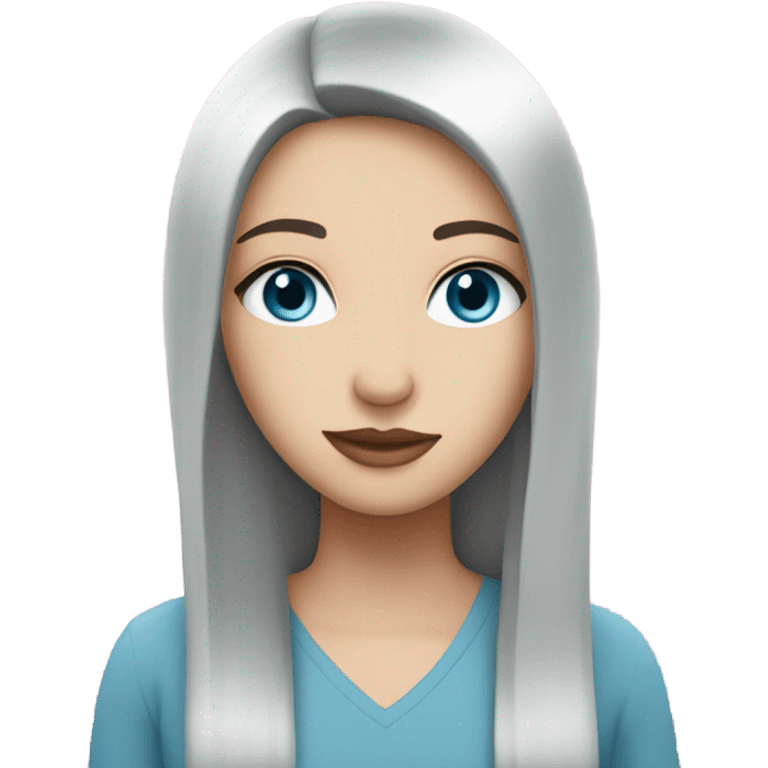 White girl, long straight black hair, ice blue eyes, emoji