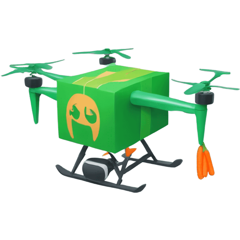 Drone carrying a green package with a carrot logo emoji