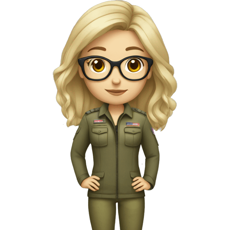 girl, 30 year, blondish/greyish, glasses with small frame, full body, army, with dog emoji