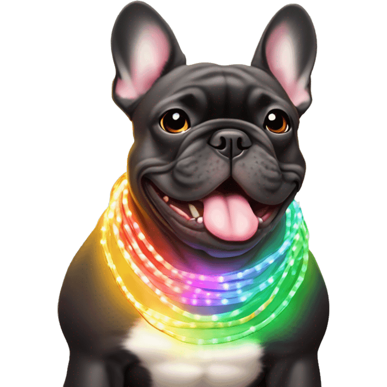 Black and tan colored French bulldog with Christmas rainbow light string in his mouth  emoji