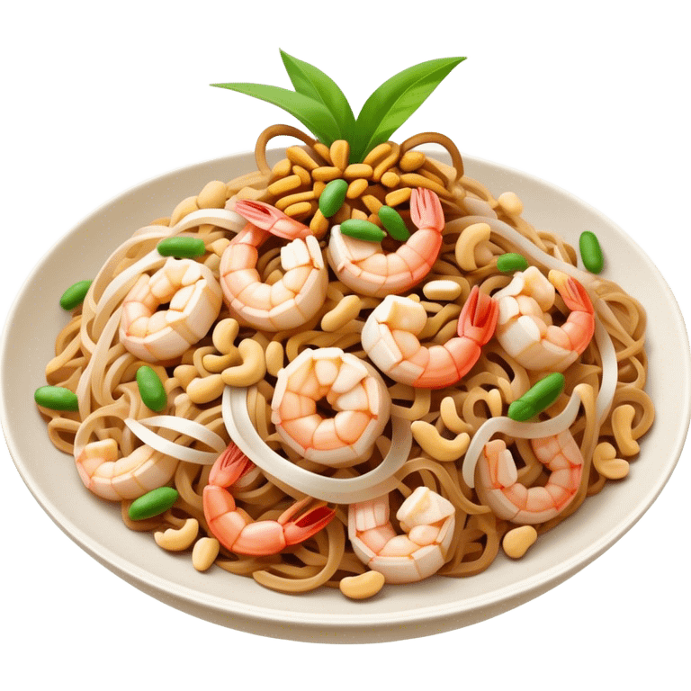 Cinematic Realistic Pad Thai Dish Emoji, depicted as stir-fried rice noodles with shrimp, tofu, peanuts, and bean sprouts rendered with vibrant textures and dynamic, appetizing lighting. emoji