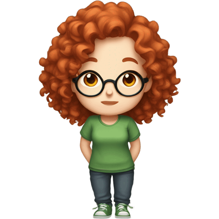 Chibi twitch emotes of a red curly haired girl, with freckles and big round glasses, in a green shirt emoji