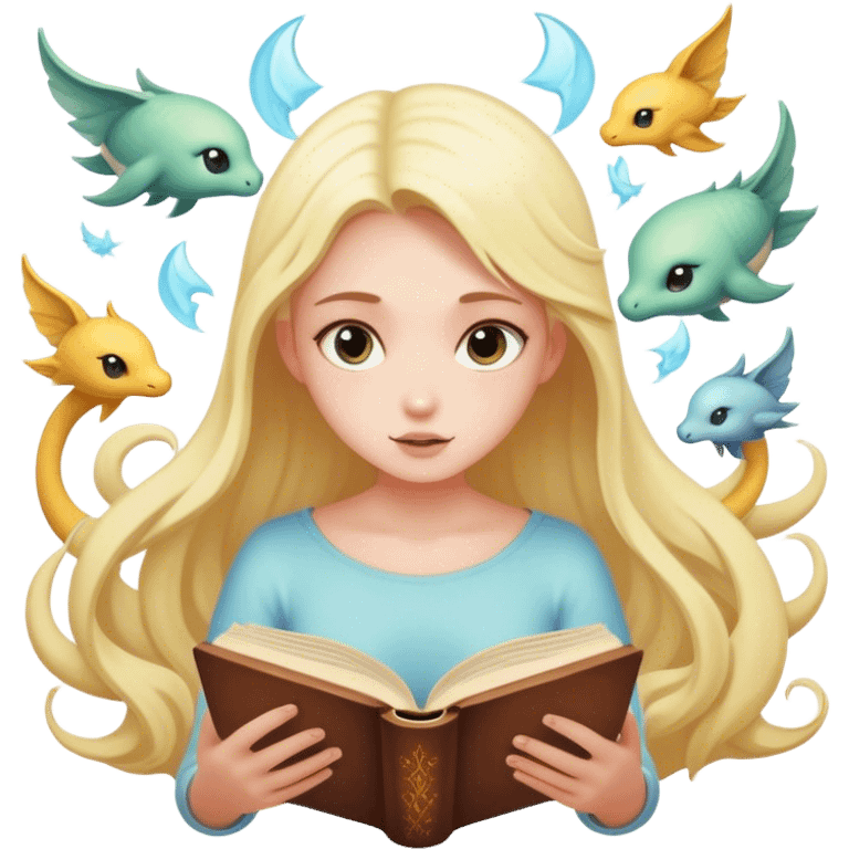 girl reading book with mystical creatures coming out of it emoji