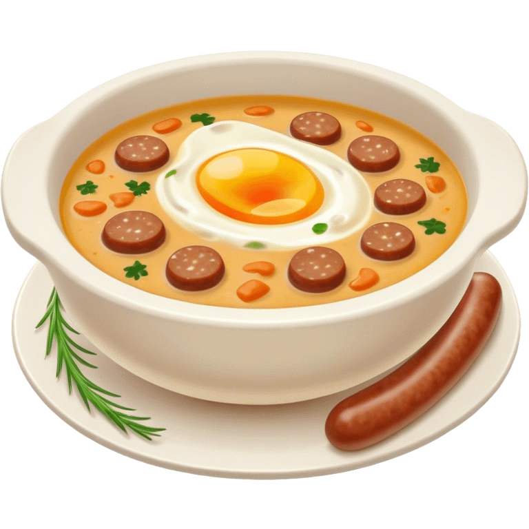 Cinematic Realistic ≈ªurek Soup Dish Emoji, depicted as a tangy, creamy rye soup with sausage and egg rendered with detailed textures and warm, comforting lighting. emoji