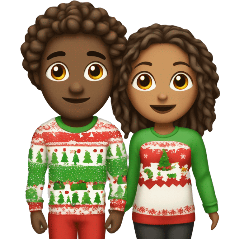 Brown girl with locs and brown boy with shorter locs as a couple in Christmas pajamas  emoji