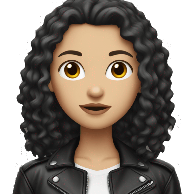 White girl, with long curly black hair, wearing leather jacket emoji