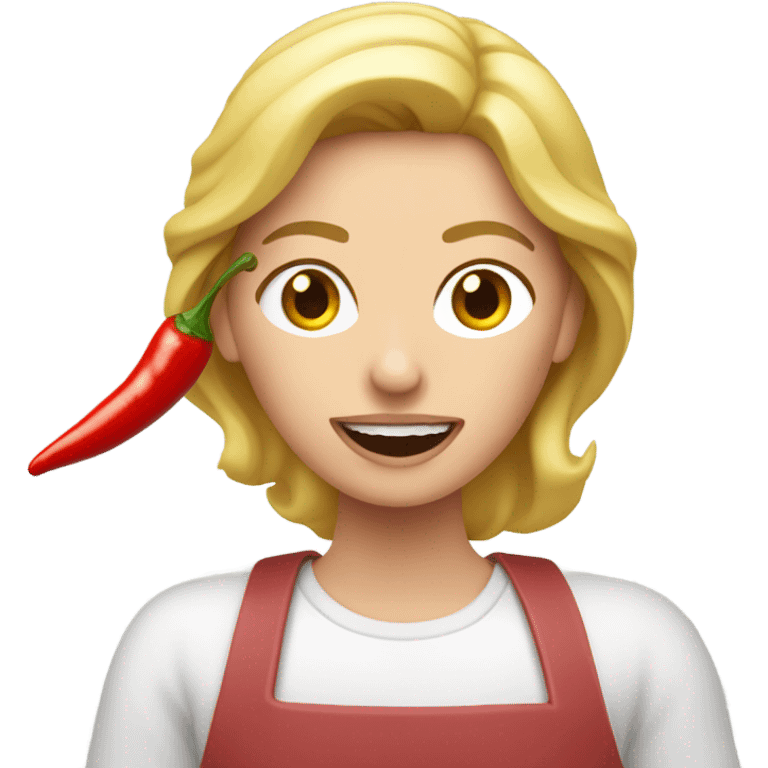 Una mujer cabellos blanco comiendo carne con chile  emoji