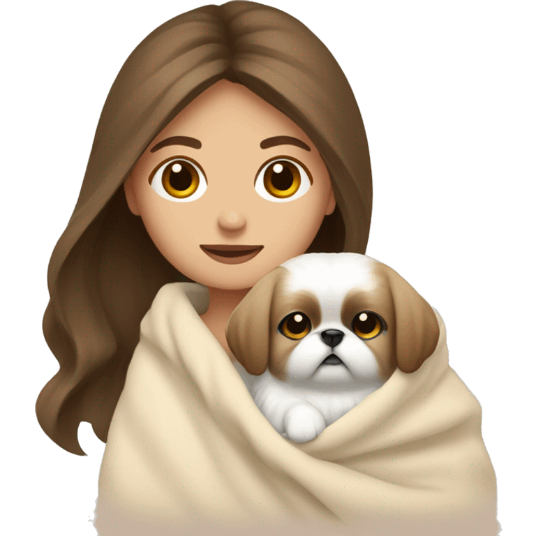 A Women with brown hair is cradling her white Pekingese in a beige blanket emoji