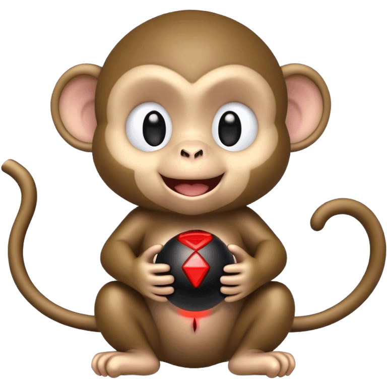 Baby monkey smiling while presenting you a black spherical object that has a fuse emoji