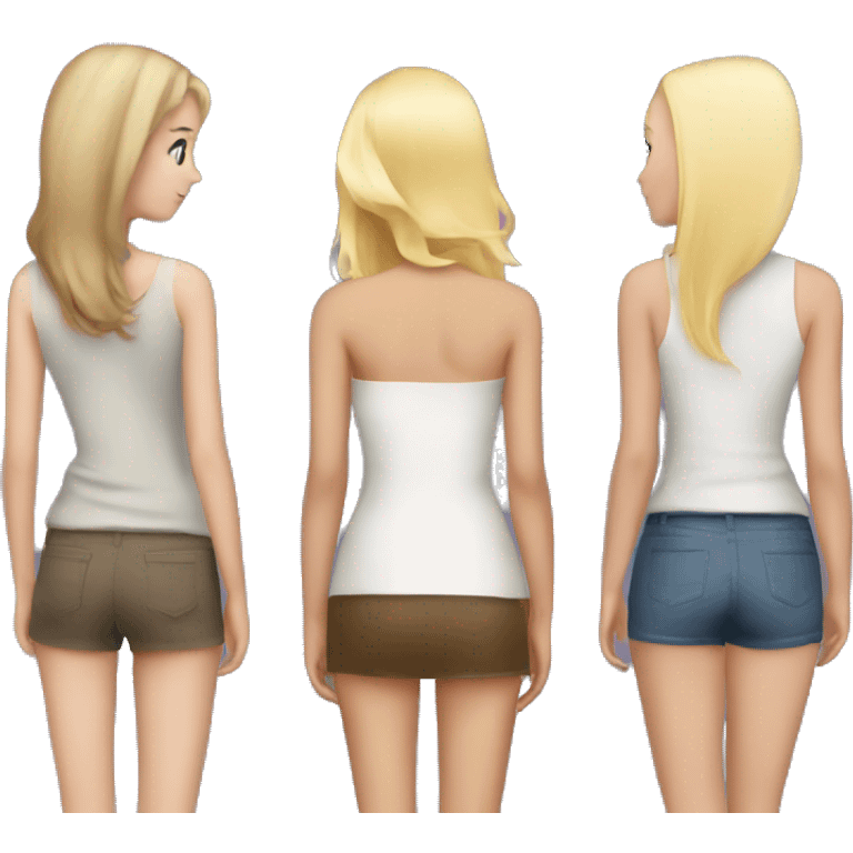 Three girlfriends from the back, one is tall, one is blonde, one is short emoji