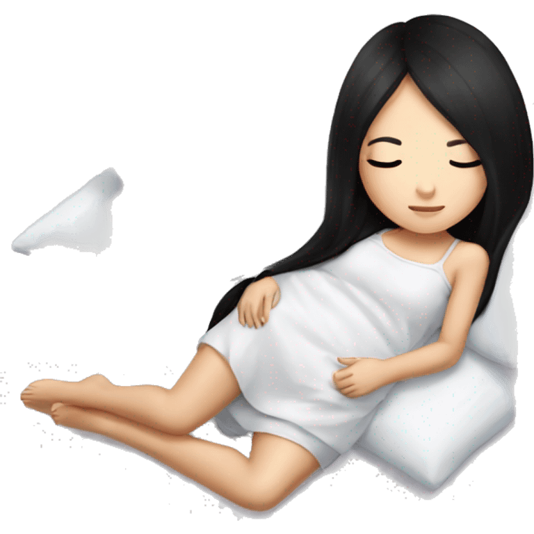 asian cute girl with long beauty black hair sleeping with white blanket and pillow emoji