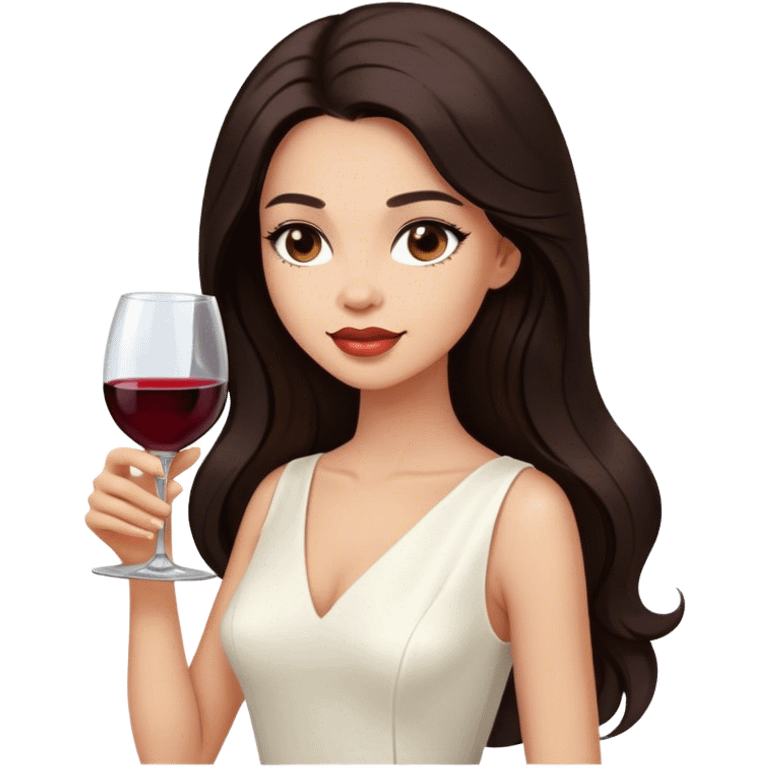 Beautiful woman in 1965’s woman fashion look, white dress, long dark brown hair, wine, emoji