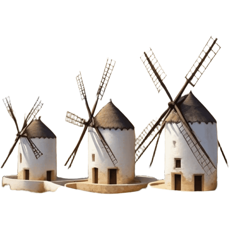 ​Cinematic Realistic Spanish Windmills (Mota del Cuervo), depicted as a cluster of gracefully aged windmills with weathered whitewashed facades and rustic wooden sails, standing proudly on a sunlit, rolling hillside of golden fields and olive groves, rendered with intricate textures and soft natural lighting that captures the timeless rural charm and historical significance of the Spanish landscape, emoji