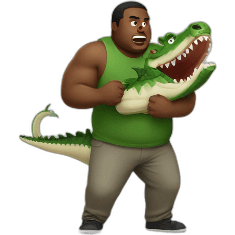 a fat bold black man fighting with a crocodile emoji