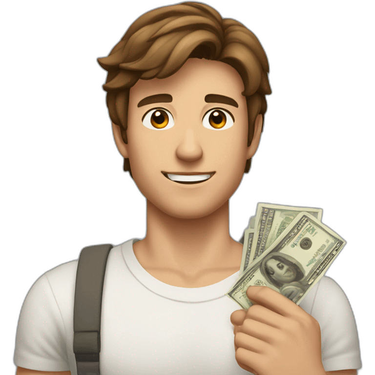 A young fit man with forward Brown hair and beige skin and with money in his hand emoji