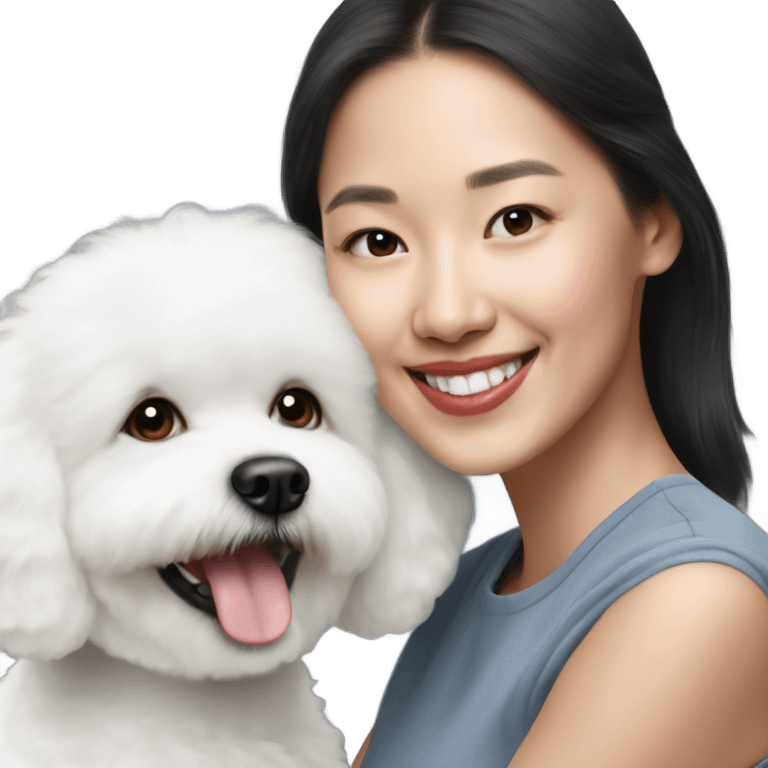 A cute and happy bichon frise with an Asian woman  emoji